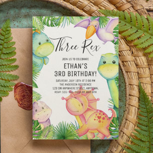 Invitation Aquarelle Dinosaure Trois Rex 3e anniversaire