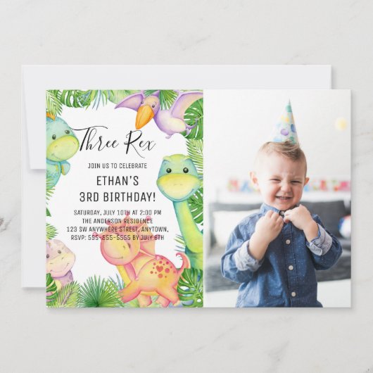 Invitation Aquarelle Dinosaure Trois Rex 3e Anniversaire Phot (Devant)