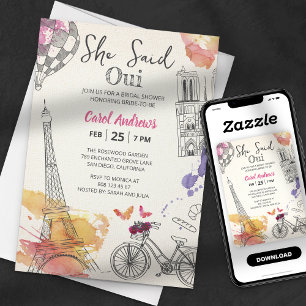 Invitation Aquarelle dit Oui Fête des mariées Tour Eiffel