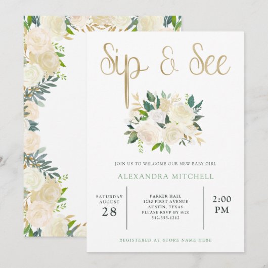 Invitation Aquarelle d'ivoire florale avec or| Sip et Voir (Devant / Derrière)