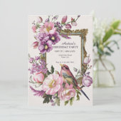 Invitation Aquarelle d'oiseau rose floral (Debout devant)