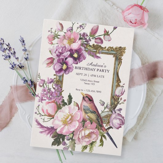 Invitation Aquarelle d'oiseau rose floral