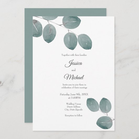 Invitation Aquarelle Dollar d'argent Feuilles Eucalyptus (Devant / Derrière)