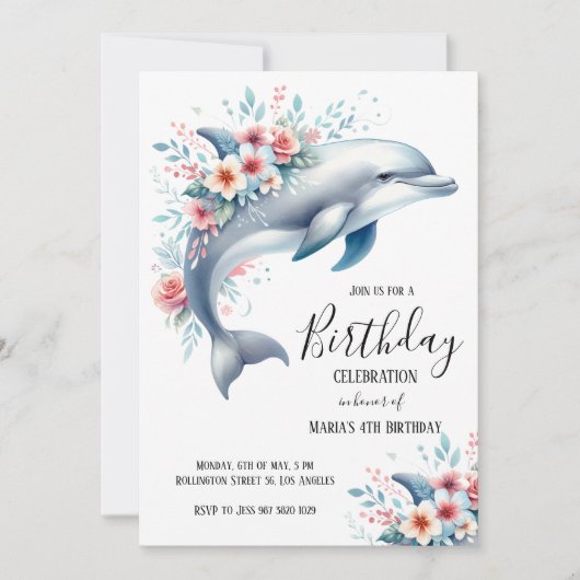 Invitation Aquarelle Dolphin Floral fête d'anniversaire (Devant)