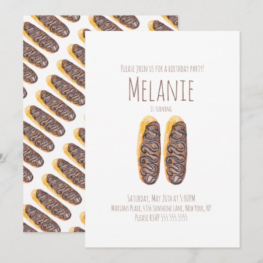 Invitation Aquarelle Donut 11e anniversaire Sweet Eclair doux (Devant / Derrière)