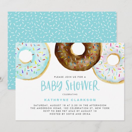 Invitation Aquarelle Donuts avec arrosage Baby shower garçon (Devant / Derrière)