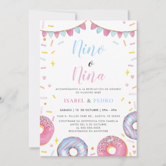 Invitation Aquarelle Donuts & Confetti Spanish Gender Revela (Devant)