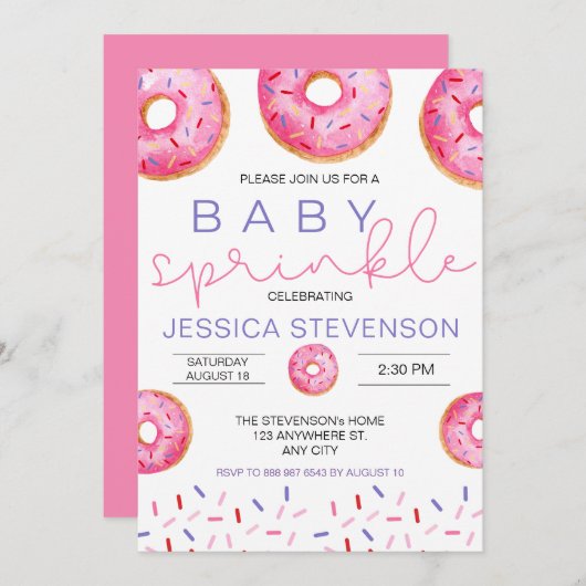 Invitation Aquarelle Donuts fille bébé Sprinkle Douche (Devant / Derrière)