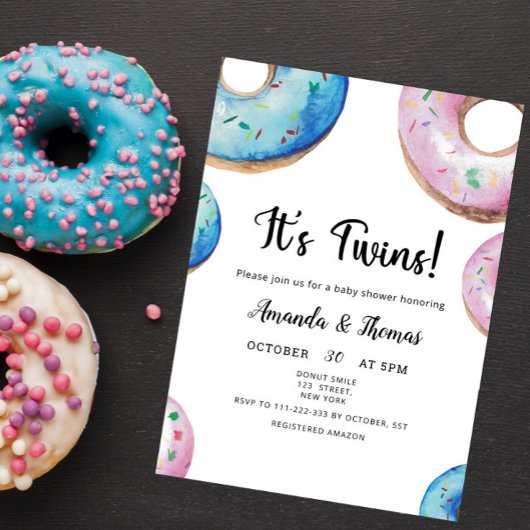 Invitation Aquarelle Donuts Twin Boy Girl Baby shower