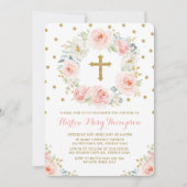 Invitation Aquarelle d'or bleu Baptême floral Christening (Devant)