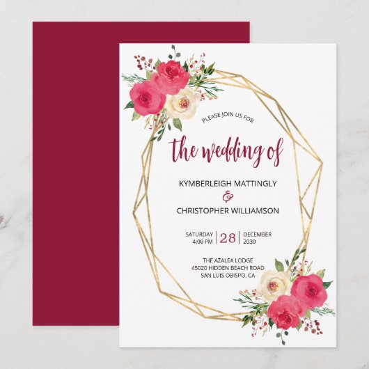Invitation Aquarelle d'or bordeaux géométrique Mariage floral (Devant / Derrière)