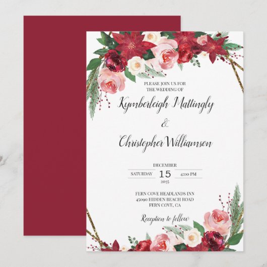 Invitation Aquarelle d'or bordeaux géométrique Mariage floral (Devant / Derrière)