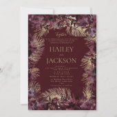 Invitation Aquarelle d'or bordeaux mariage de luxe fleuri (Devant)