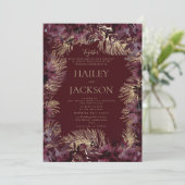 Invitation Aquarelle d'or bordeaux mariage de luxe fleuri (Debout devant)