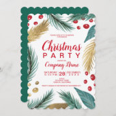 Invitation Aquarelle d'or de gui de pin de Noël d'entreprise (Devant / Derrière)