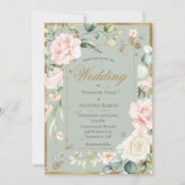 Invitation Aquarelle d'or Sage Green Mariage floral romantiqu (Devant)