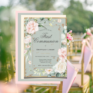 Invitation Aquarelle d'or vert Sage Floral Première communion