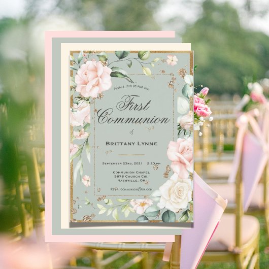 Invitation Aquarelle d'or vert Sage Floral Première communion