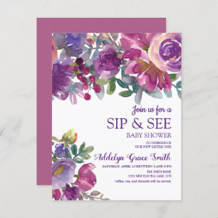Invitation Aquarelle d'or violet Sip floral Voir Baby shower