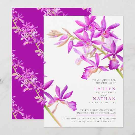 Invitation Aquarelle d'orchidée violette mariage botanique mo (Devant / Derrière)