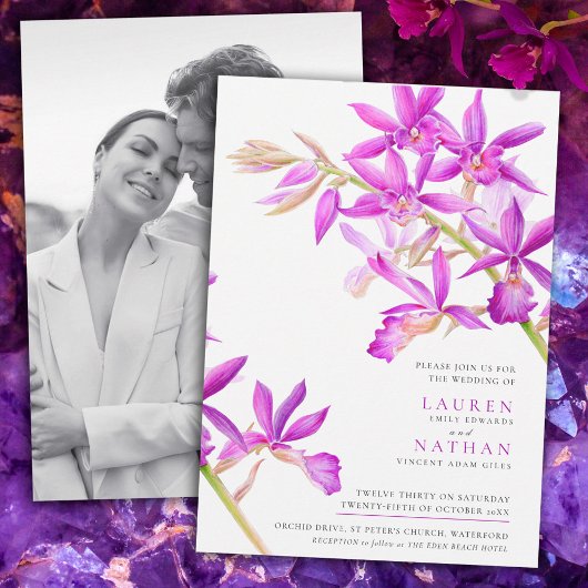Invitation Aquarelle d'orchidée violette photo mariage
