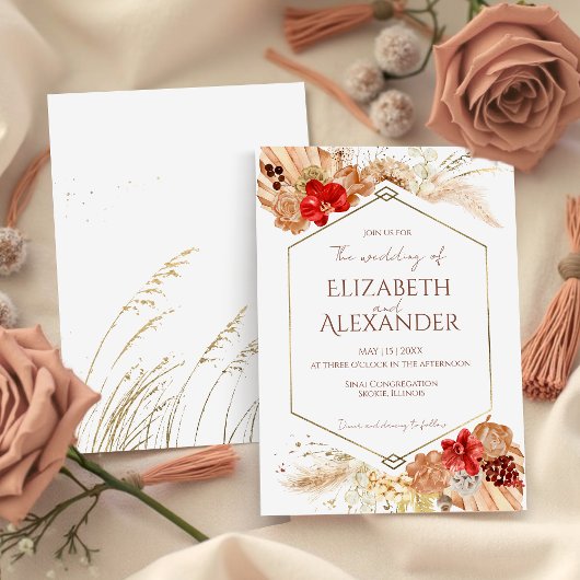 Invitation Aquarelle dorée Boho Floral | Mariage en terre cui