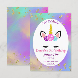 Invitation Aquarelle dorée Unicorne florale Anniversaire