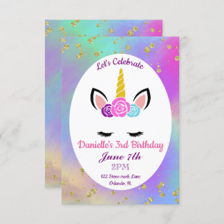 Invitation Aquarelle dorée Unicorne florale Anniversaire