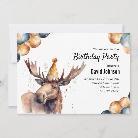 Invitation Aquarelle d'orignal Fête d'anniversaire des animau (Devant)