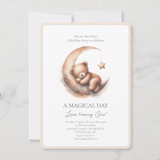 Invitation Aquarelle Dormant Brown Beige Ours sur la Lune (Devant)