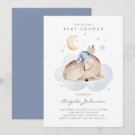 Invitation Aquarelle Dormir Cerf C'est un Baby shower garçon (Devant / Derrière)