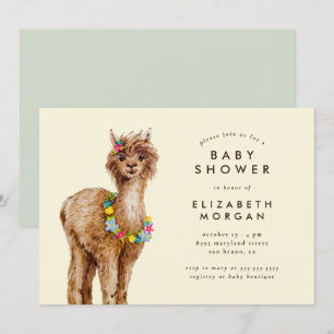 Invitation Aquarelle douce Baby shower Alpaca