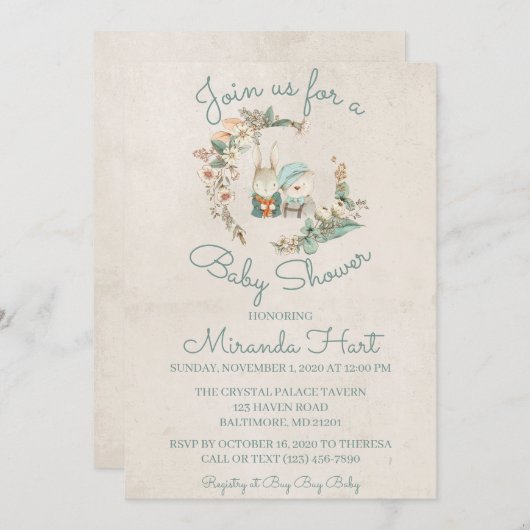 Invitation Aquarelle douce Baby shower d'animaux rustiques (Devant / Derrière)