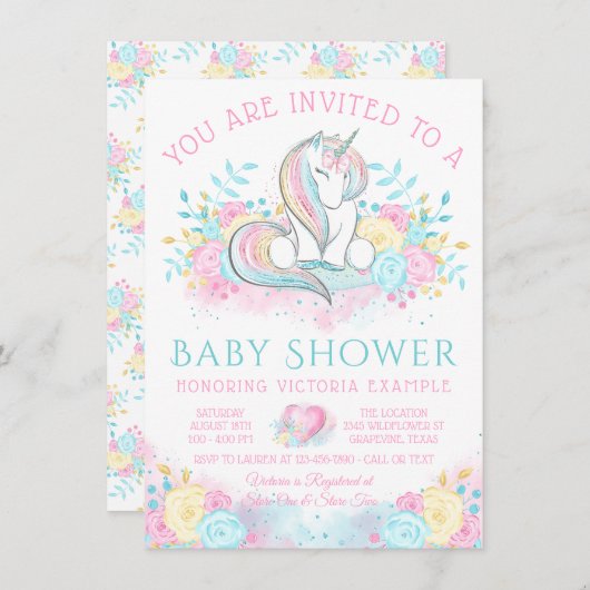 Invitation Aquarelle douce Baby shower Unicorn (Devant / Derrière)