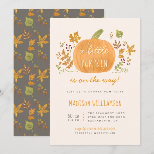 Invitation Aquarelle douce Chute Petit Baby shower Citrouille (Devant / Derrière)