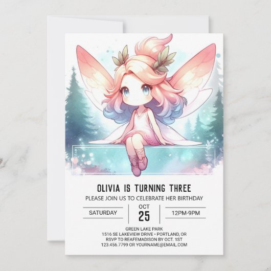 Invitation Aquarelle Douce Fée Anniversaire (Devant)