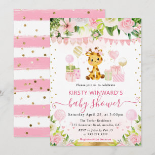 Invitation Aquarelle Douce Fête de Naissance Girafe Rose Jung
