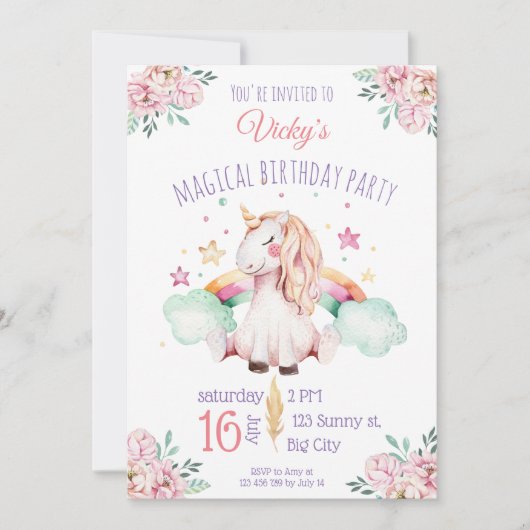 Invitation Aquarelle douce Fleurs arc-en-ciel Unicorn Anniver (Devant)