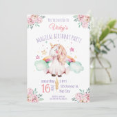Invitation Aquarelle douce Fleurs arc-en-ciel Unicorn Anniver (Debout devant)