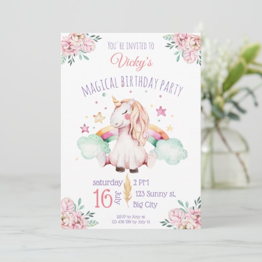 Invitation Aquarelle douce Fleurs arc-en-ciel Unicorn Anniver (Debout devant)