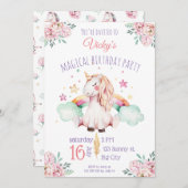 Invitation Aquarelle douce Fleurs arc-en-ciel Unicorn Anniver (Devant / Derrière)