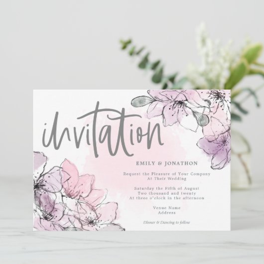 Invitation Aquarelle douce Flores Lilac Pink Script Mariage (Debout devant)
