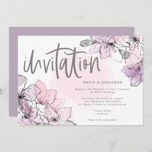 Invitation Aquarelle douce Flores Lilac Pink Script Mariage (Devant / Derrière)