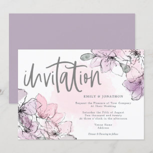 Invitation Aquarelle douce Flores Lilac Pink Script Mariage