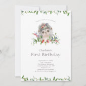 Invitation Aquarelle douce Hérisson Floral Premier anniversai (Devant)