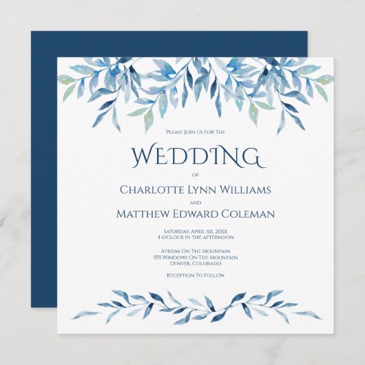Invitation Aquarelle douce Mariage Branches bleues (Devant / Derrière)