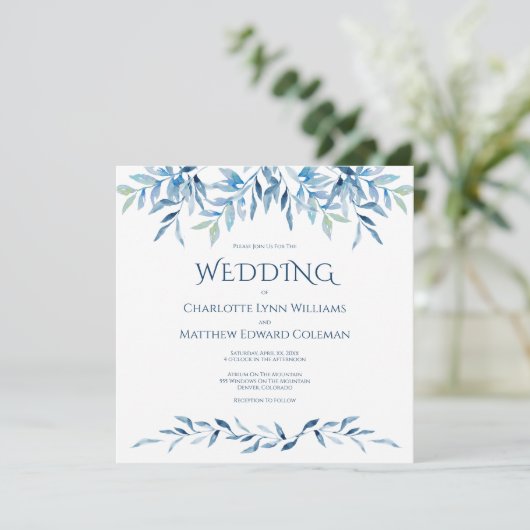 Invitation Aquarelle douce Mariage Branches bleues (Debout devant)