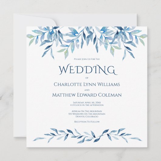 Invitation Aquarelle douce Mariage Branches bleues (Devant)