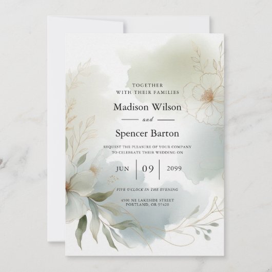 Invitation Aquarelle douce Mariage vert Sage (Devant)