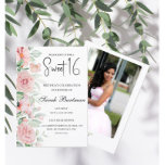 Invitation Aquarelle douce pastel florale photo Sweet 16<br><div class="desc">Célébrez la journée spéciale de votre fille avec cette douce aquarelle florale pastel Sweet 16 avec de jolies roses roses et une aquarelle florale verte,  un script élégant,  et ajoutez simplement votre photo à l'arrière.</div>